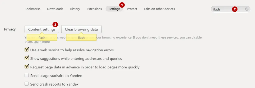 Content Settings in Yandex Browser