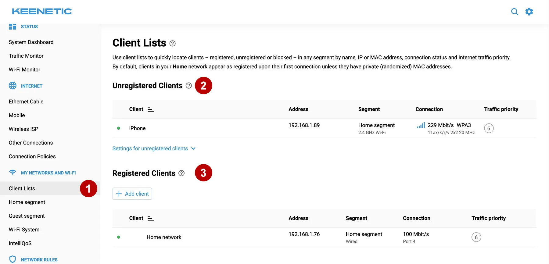 List of clients on the Keenetic router
