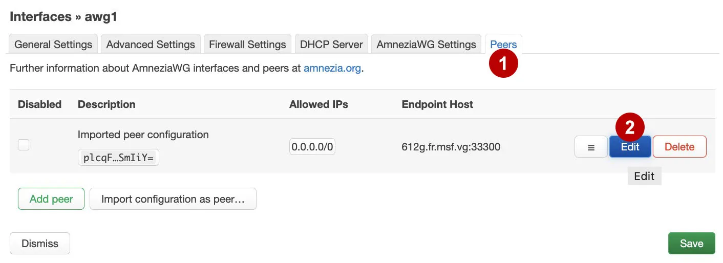 Edit Peers AmneziaWG on the OpenWRT router
